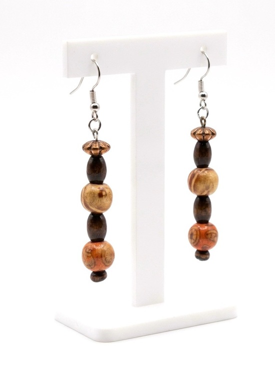 Artisan Jewelry - New Handmade Sterling Silver Petrified Wood Orange Brown Wooden Dangle Earrings